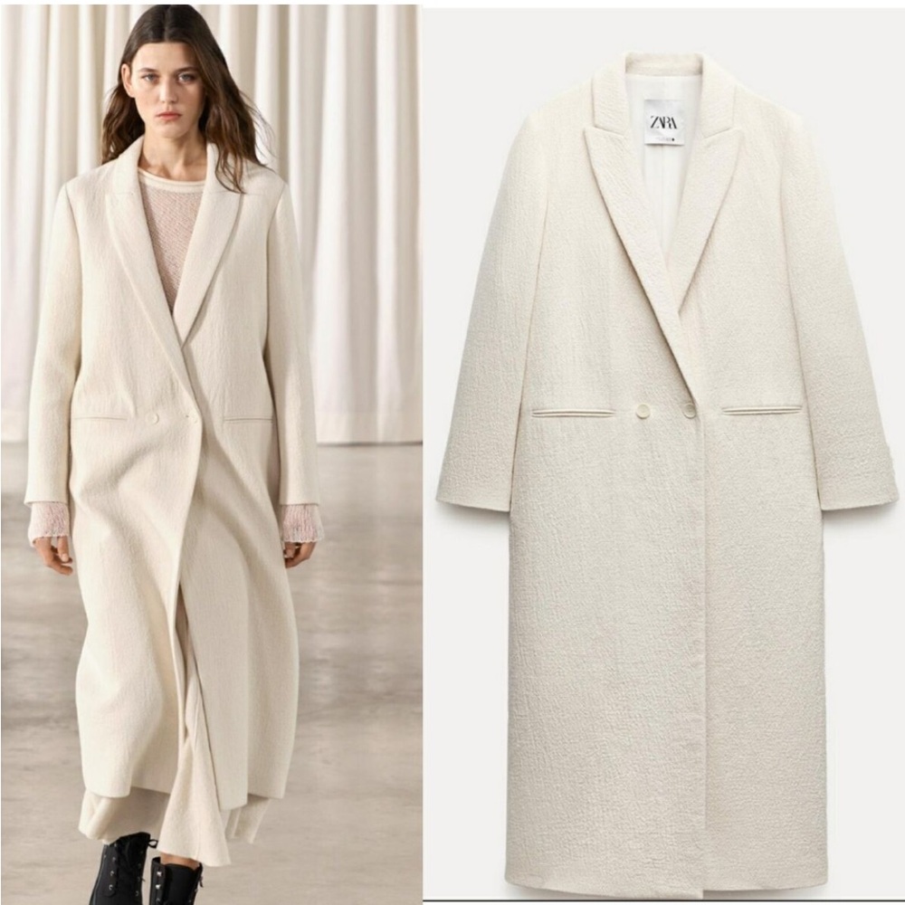 Zara Minimalist Wool Blend Textured Coat Ecru Cream ZW Collection size M NWT - Picture 2 of 16